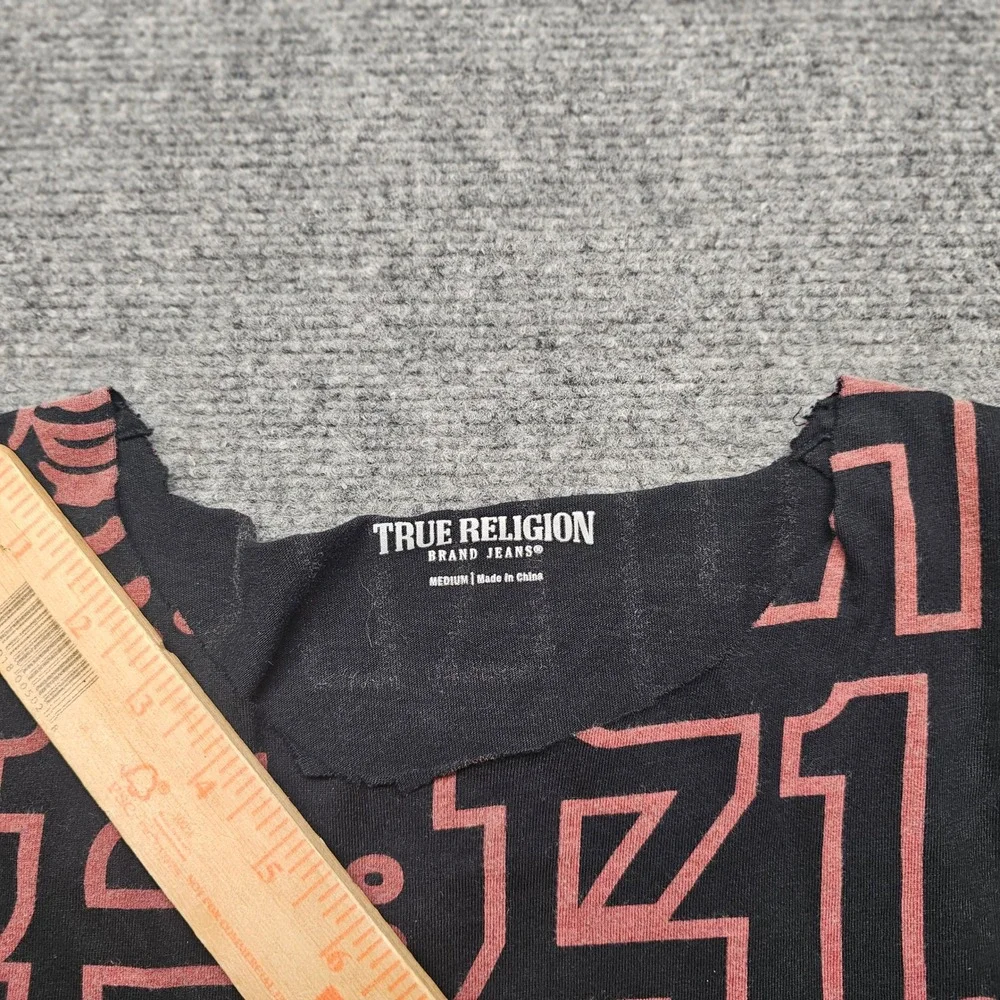 True Religion Buddha All Over Print Cut Off Raw Hem Tee Black Pink Medium